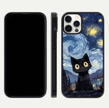 Van Gogh Cat Glass Case for iPhone 12 Pro front & back layout showing detailed art print and curved glass edges