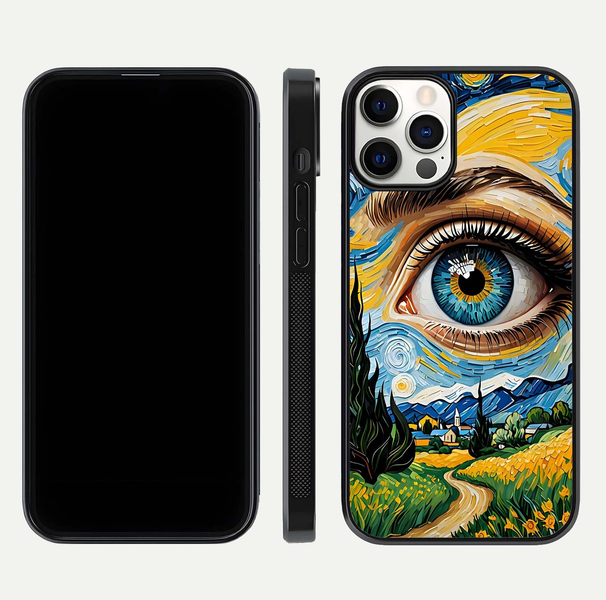 Van Gogh Eye Glass Case for iPhone 16 Pro front & back layout showing brushstroke detail and smooth finish