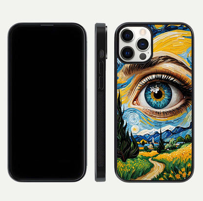 Van Gogh Eye Glass Case for iPhone 16 Pro front & back layout showing brushstroke detail and smooth finish