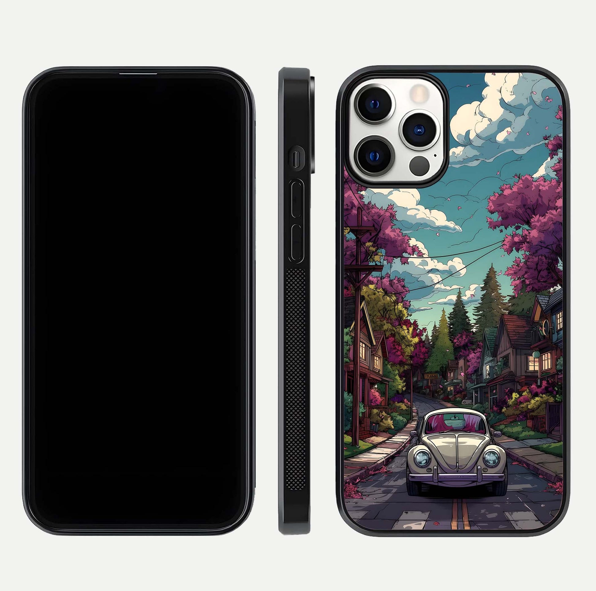 Vintage Street Drive Glass Case for iPhone 12 Pro front & back layout showing retro street scene and edges