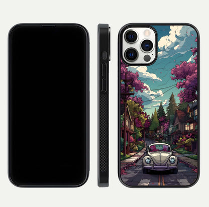 Vintage Street Drive Glass Case for iPhone 12 Pro front & back layout showing retro street scene and edges