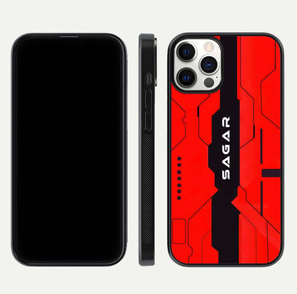 Voltage Rise CYBERPUNK Custom Name Glass Case for iPhone 12 Pro front & back layout showing futuristic tones and sleek edge