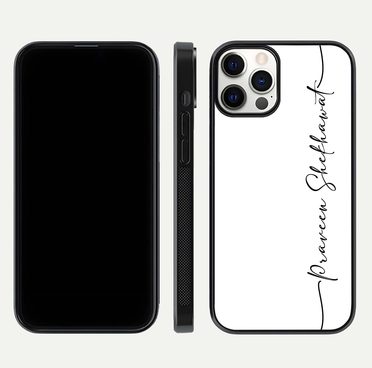 White Tune Custom Name Glass Case for iPhone 12 Mini front & back layout showing clean design and text placement