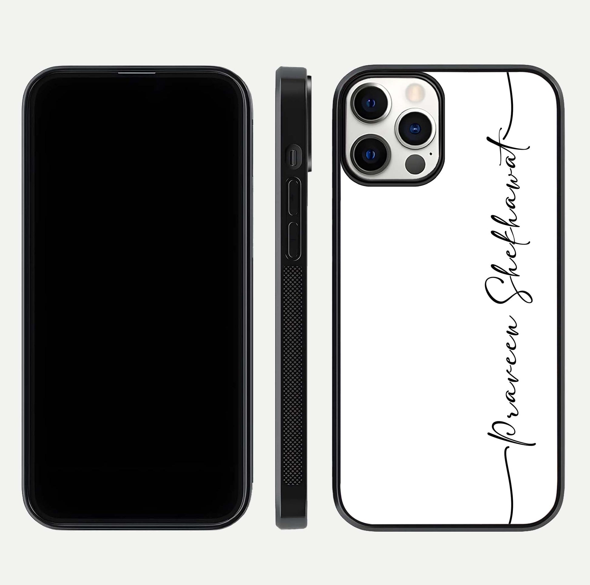 White Tune Custom Name Glass Case for iPhone 12 Mini front & back layout showing clean design and text placement