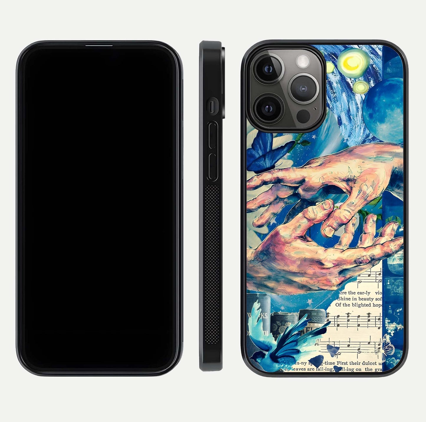 Aesthetic Divider Glass Case for iPhone 12 Pro Max front and back view layout showing black front display and minimal divider glass back