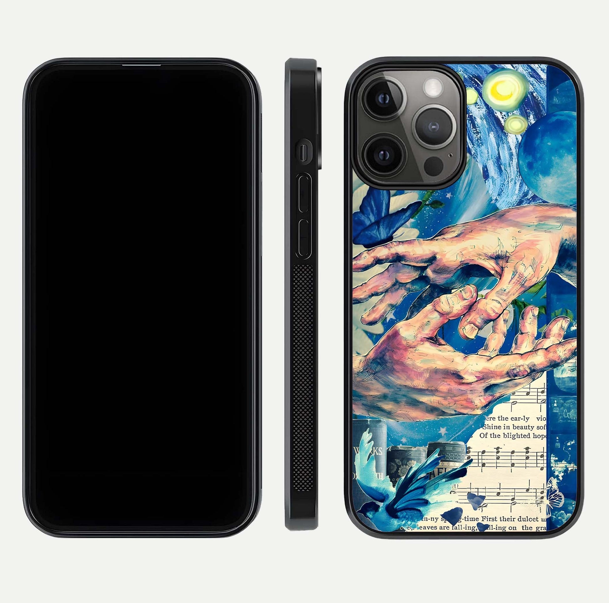 Aesthetic Divider Glass Case for iPhone 12 Pro Max front and back view layout showing black front display and minimal divider glass back