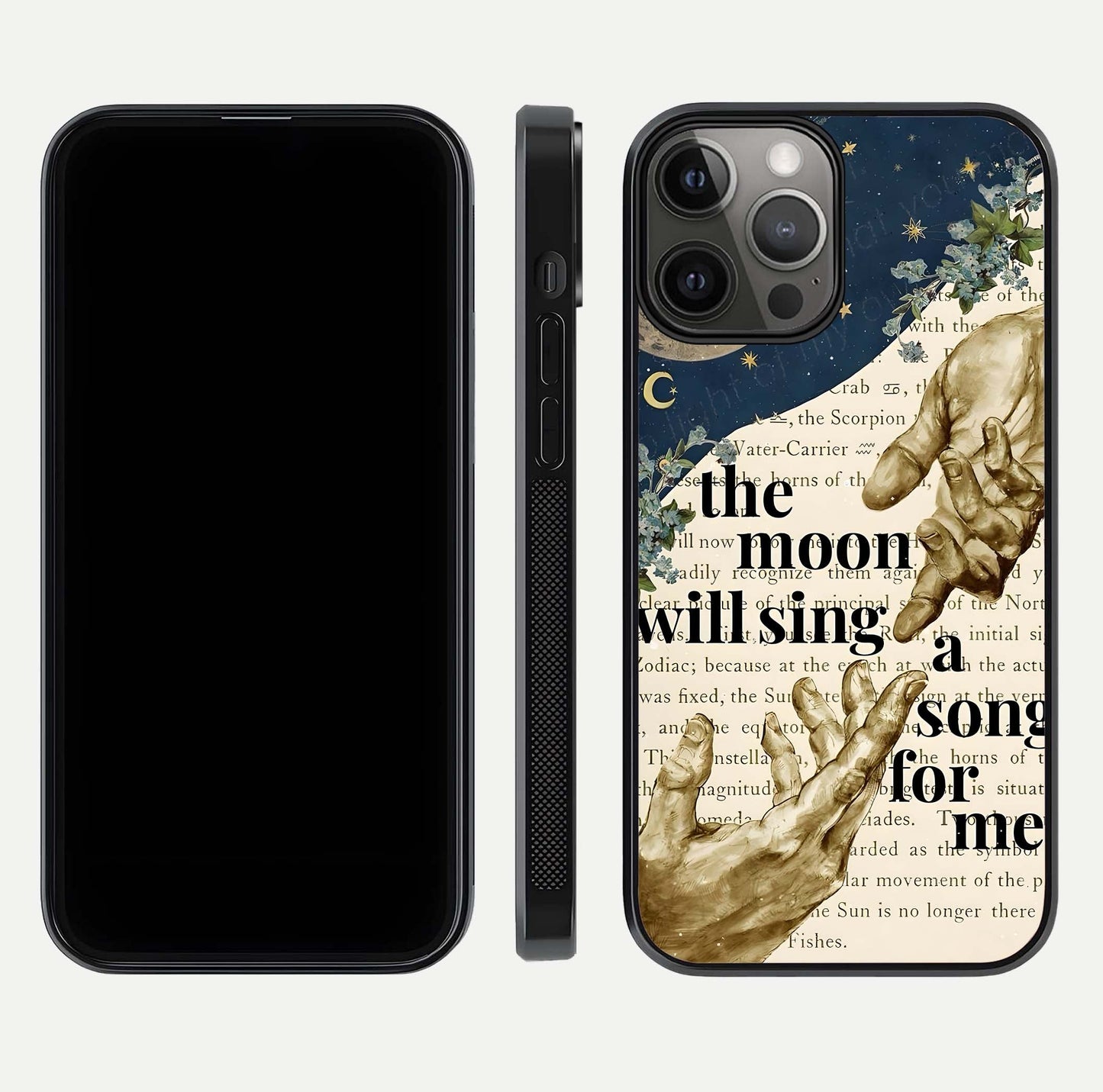 Aesthetic Divine Glass Case for iPhone 12 Pro Max front and back view layout showing black front display and divine art glass back