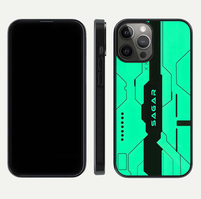 Aqua Tech CYBERPUNK Custom Name Glass Case for iPhone 12 Pro Max front and back display showing sleek tech pattern and shine