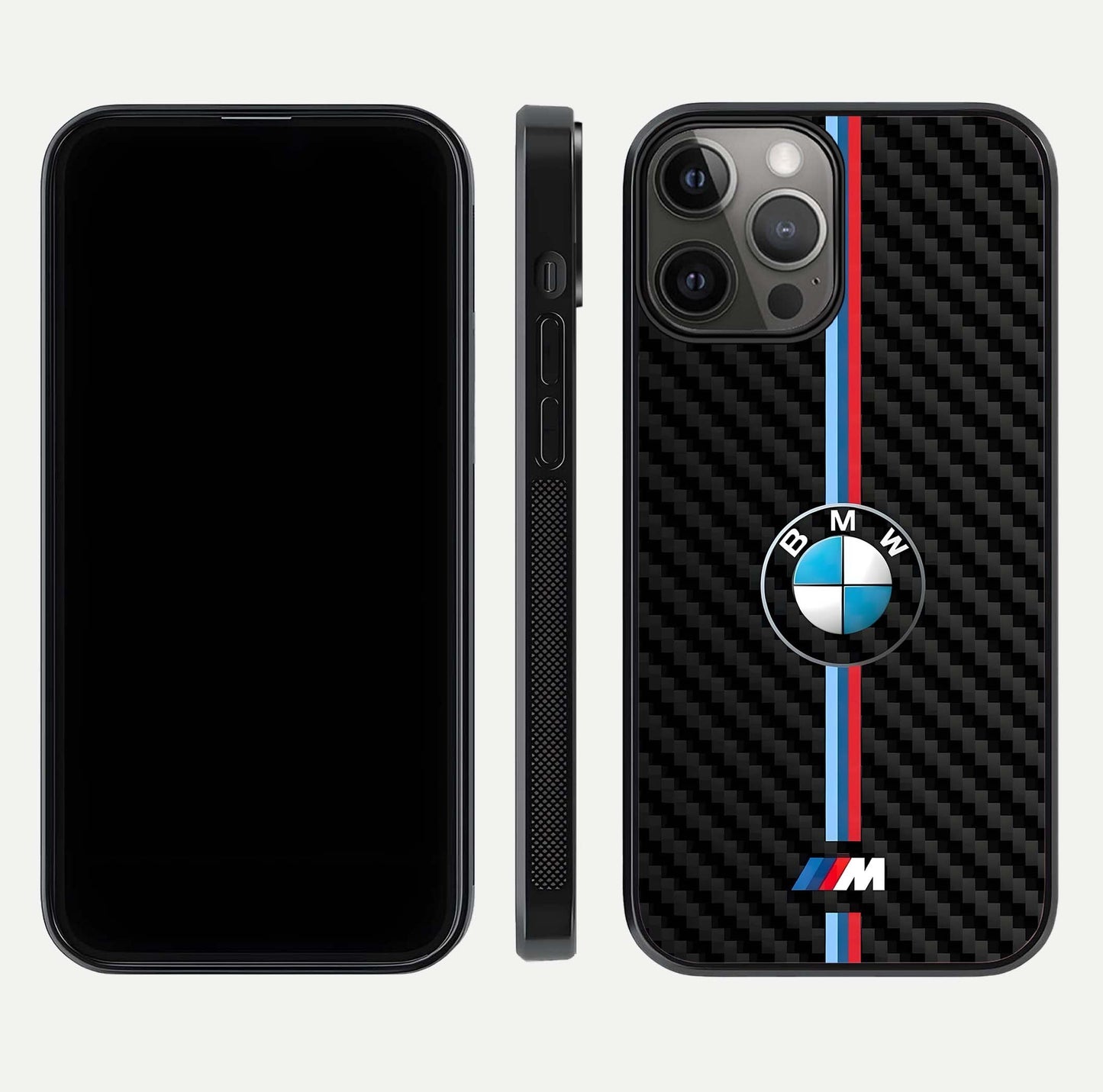 BMW Pattern Glass Case for iPhone 12 Pro Max front-and-back layout displaying car-themed art and premium glass gloss