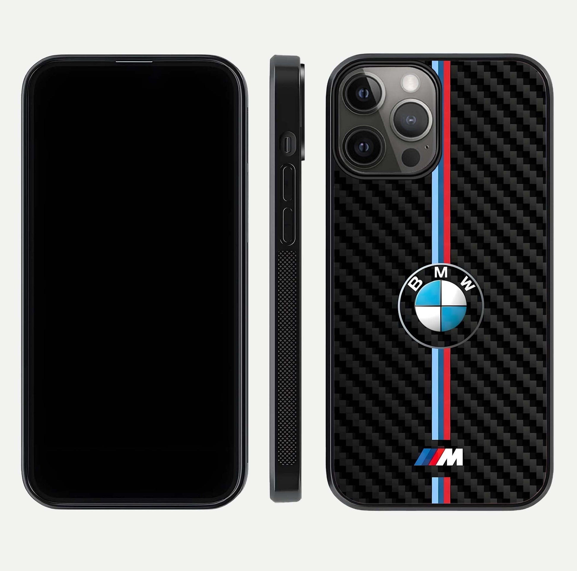 BMW Pattern Glass Case for iPhone 12 Pro Max front-and-back layout displaying car-themed art and premium glass gloss