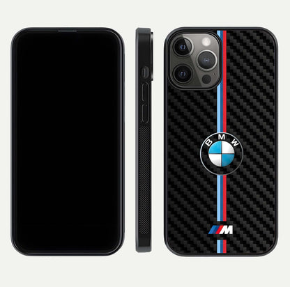 BMW Pattern Glass Case for iPhone 12 Pro Max front-and-back layout displaying car-themed art and premium glass gloss