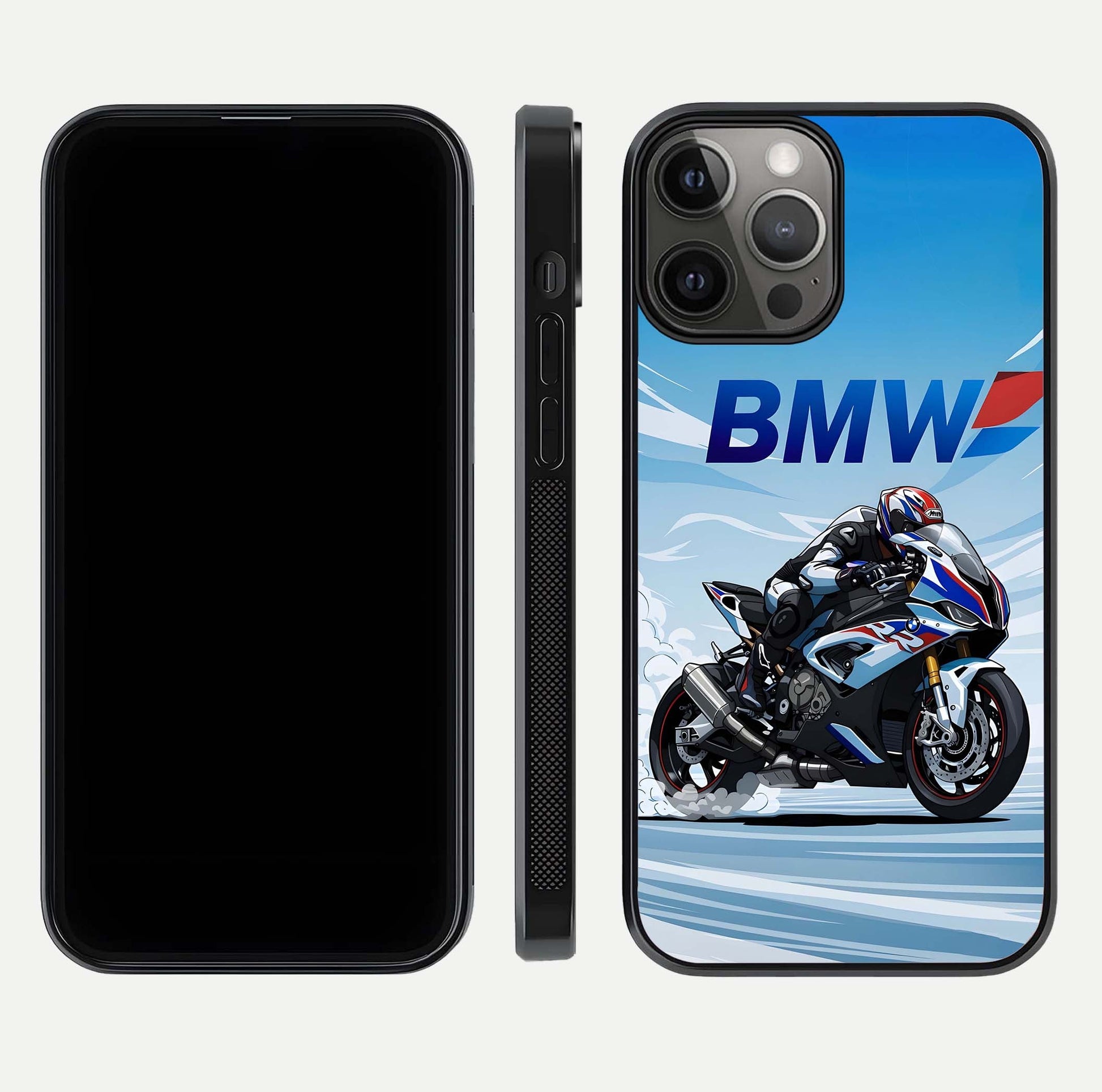BMW Power Drift Glass Case for iPhone 12 Pro Max dual-view layout showing energy pattern and edge clarity