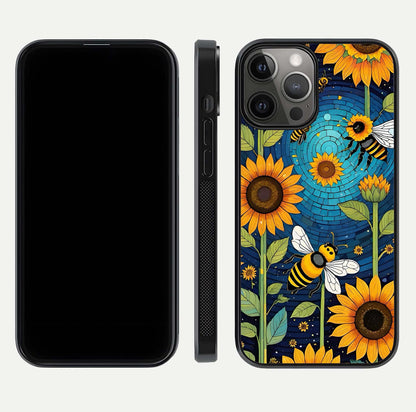 Bees & Sunflowers Glass Case for iPhone 12 Pro Max front-and-back layout highlighting nature-inspired artwork and protective edge