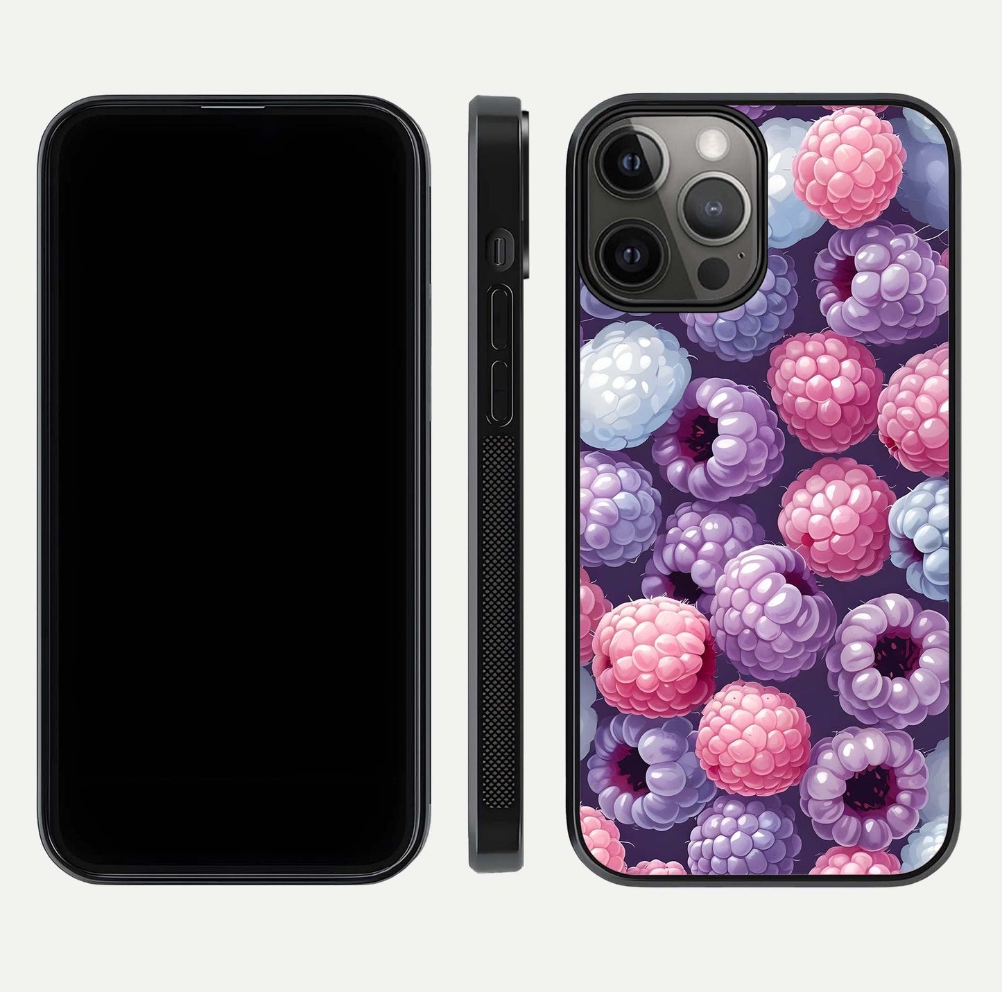Berry Candy Pop Glass Case for iPhone 12 Pro Max front-and-back layout showing colorful pattern and sleek protective frame