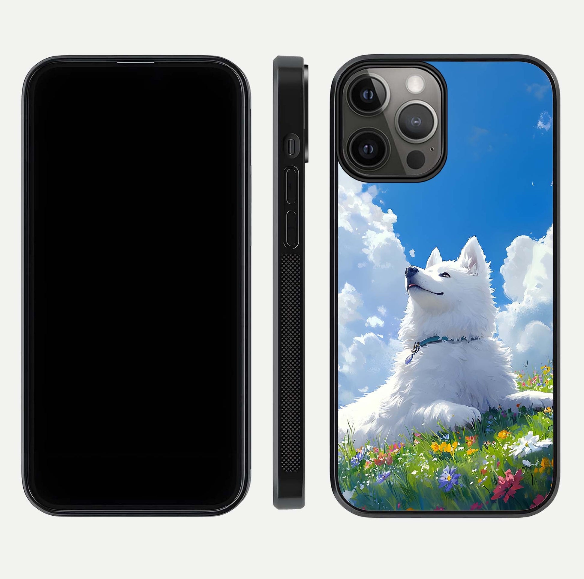 Blissful Cloud Pup Glass Case for iPhone 12 Pro Max front-and-back layout showing art alignment and edge design