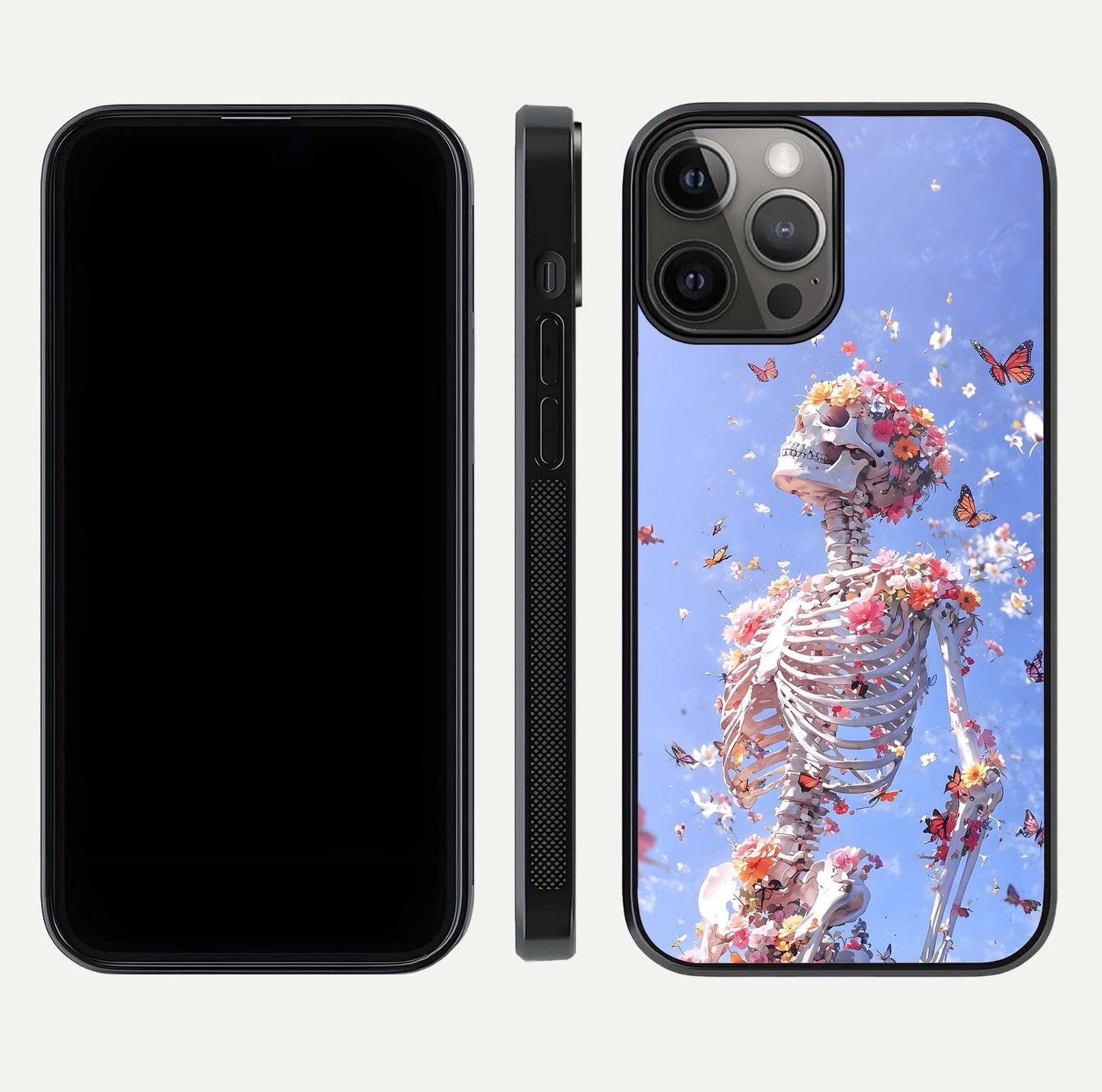 Bloom Beyond Bones Glass Case for iPhone 12 Pro Max dual-view layout showing creative aesthetic and edge design