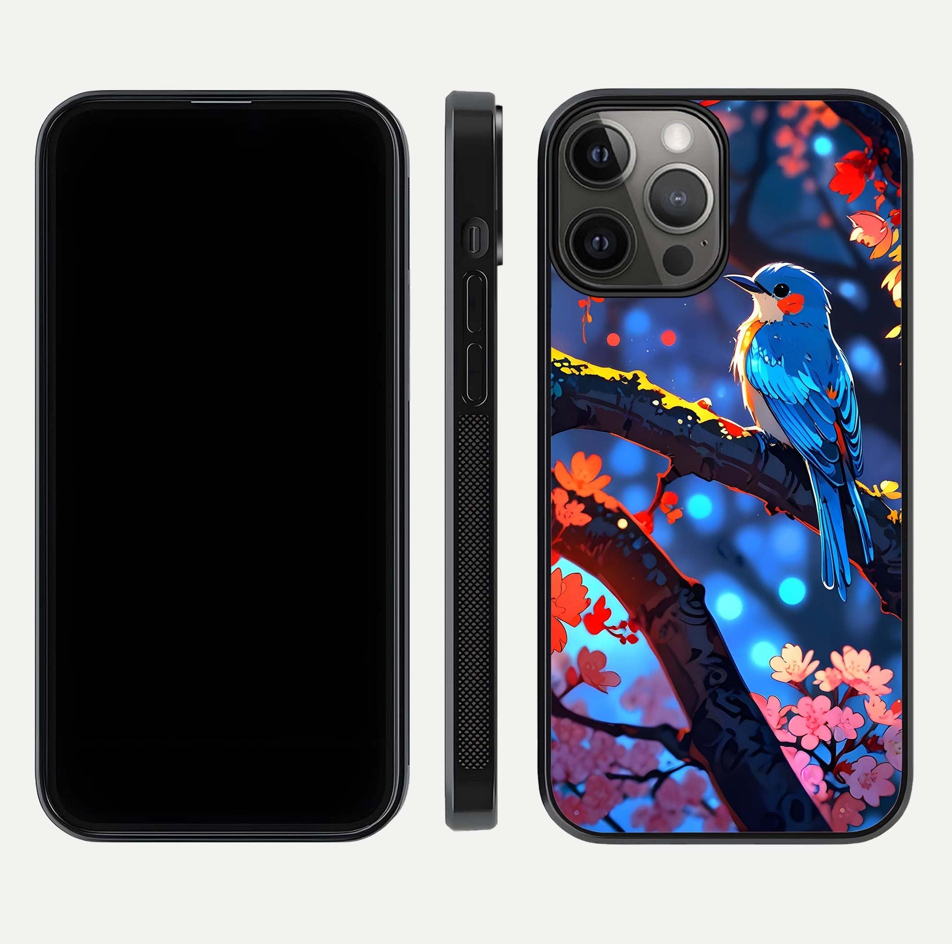 Blooming Spendor Bird Glass Case for iPhone 12 Pro Max front-and-back view showing nature print and protective edge