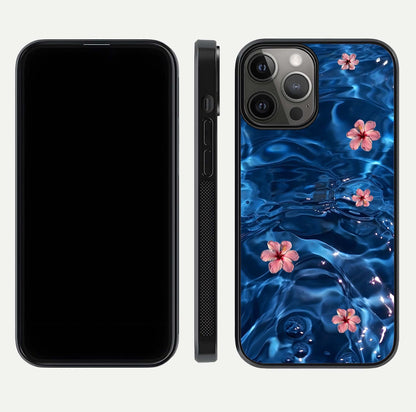 Blooming Water Drift Glass Case for iPhone 12 Pro Max front-and-back layout highlighting edge design and serene water bloom art