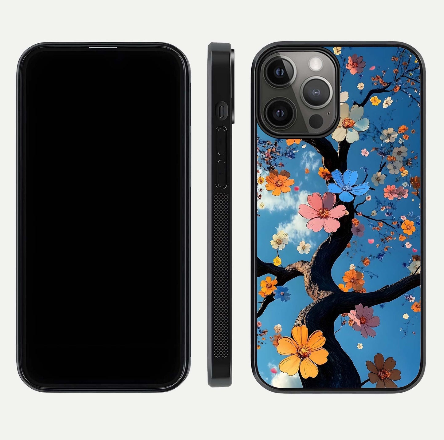Blossom Dream Sky Glass Case for iPhone 12 Pro Max front-and-back layout showing floral print and premium edge gloss