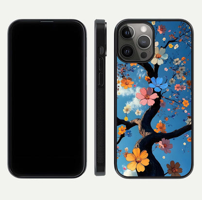 Blossom Dream Sky Glass Case for iPhone 12 Pro Max front-and-back layout showing floral print and premium edge gloss