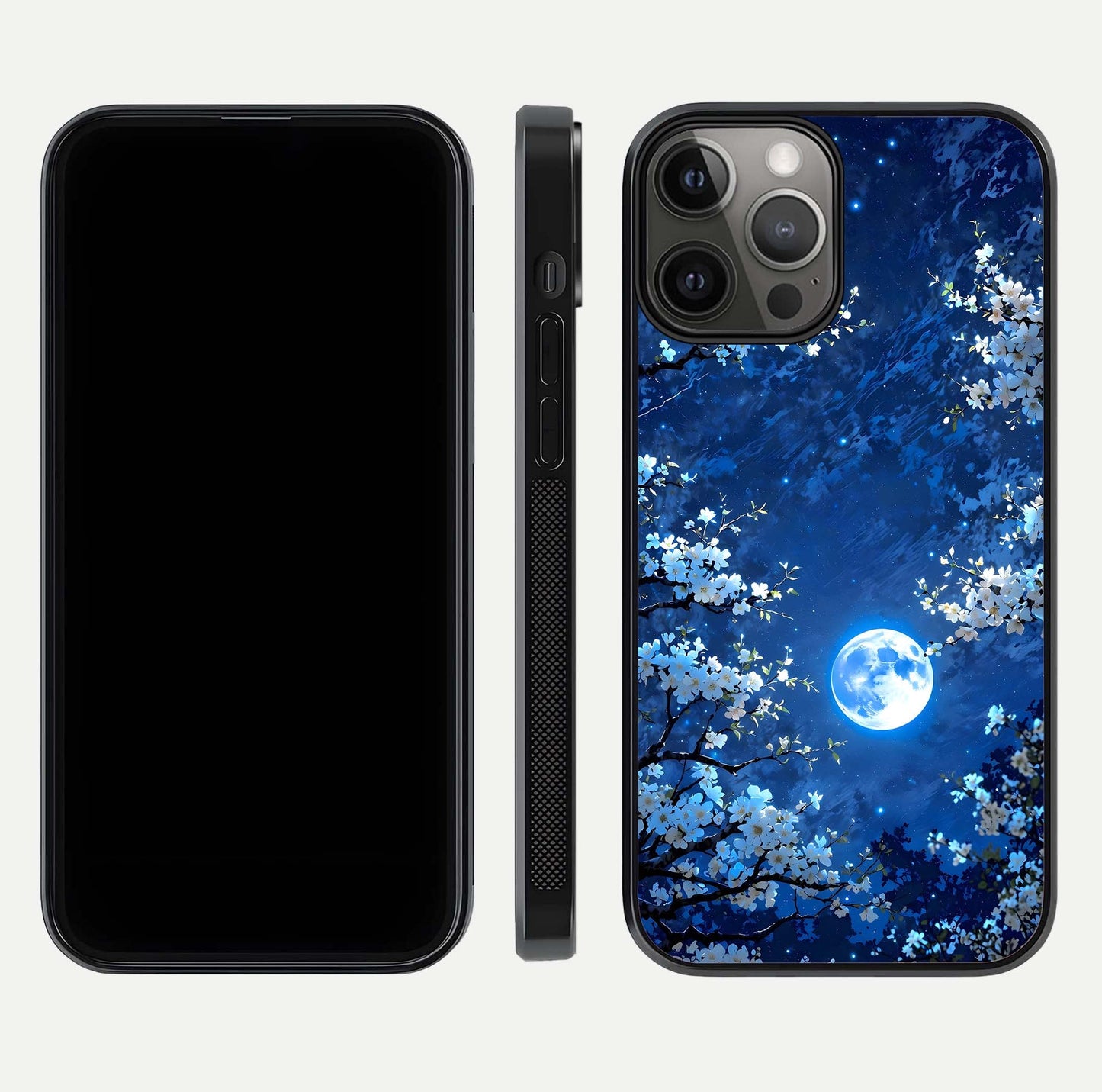 Blossom Moonlight Sky Glass Case for iPhone 12 Pro Max dual-view layout highlighting sky gradient and floral composition