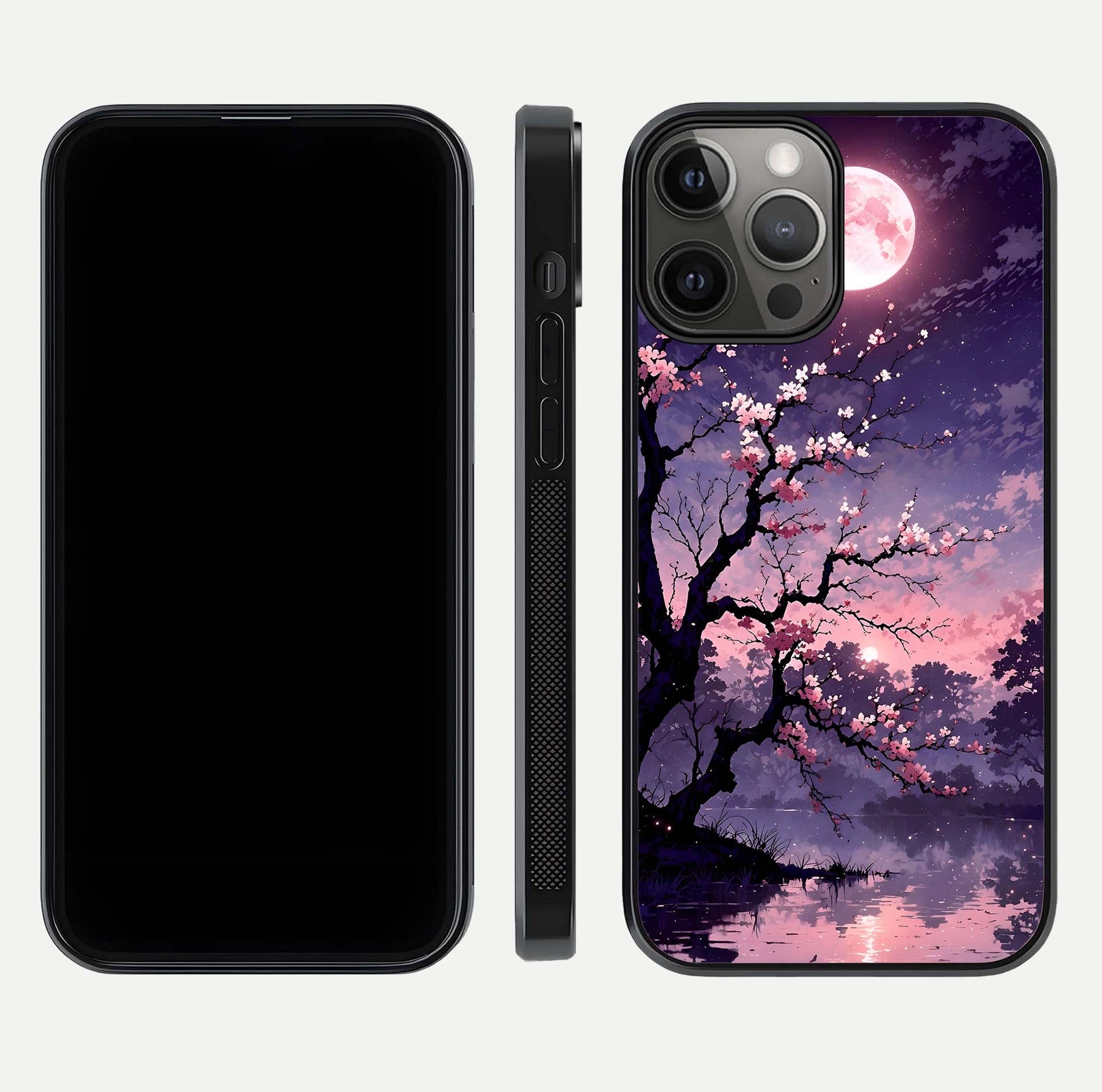 Blossom Pink Moon Glass Case for iPhone 12 Pro Max front-and-back layout showing minimal edges and artistic flower print