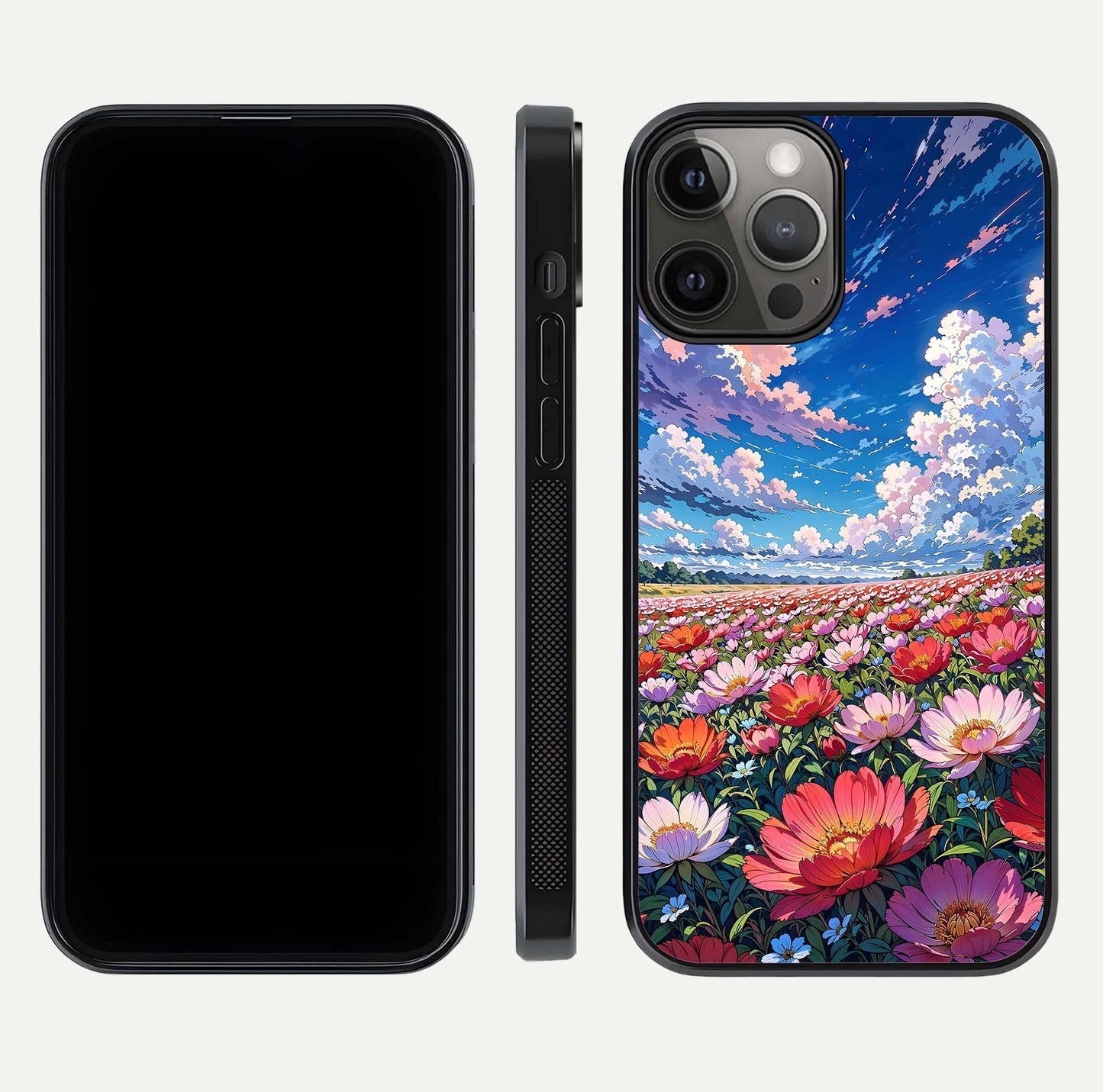 Blossom Sky Field Glass Case for iPhone 12 Pro Max front-and-back layout highlighting design edges and gloss clarity