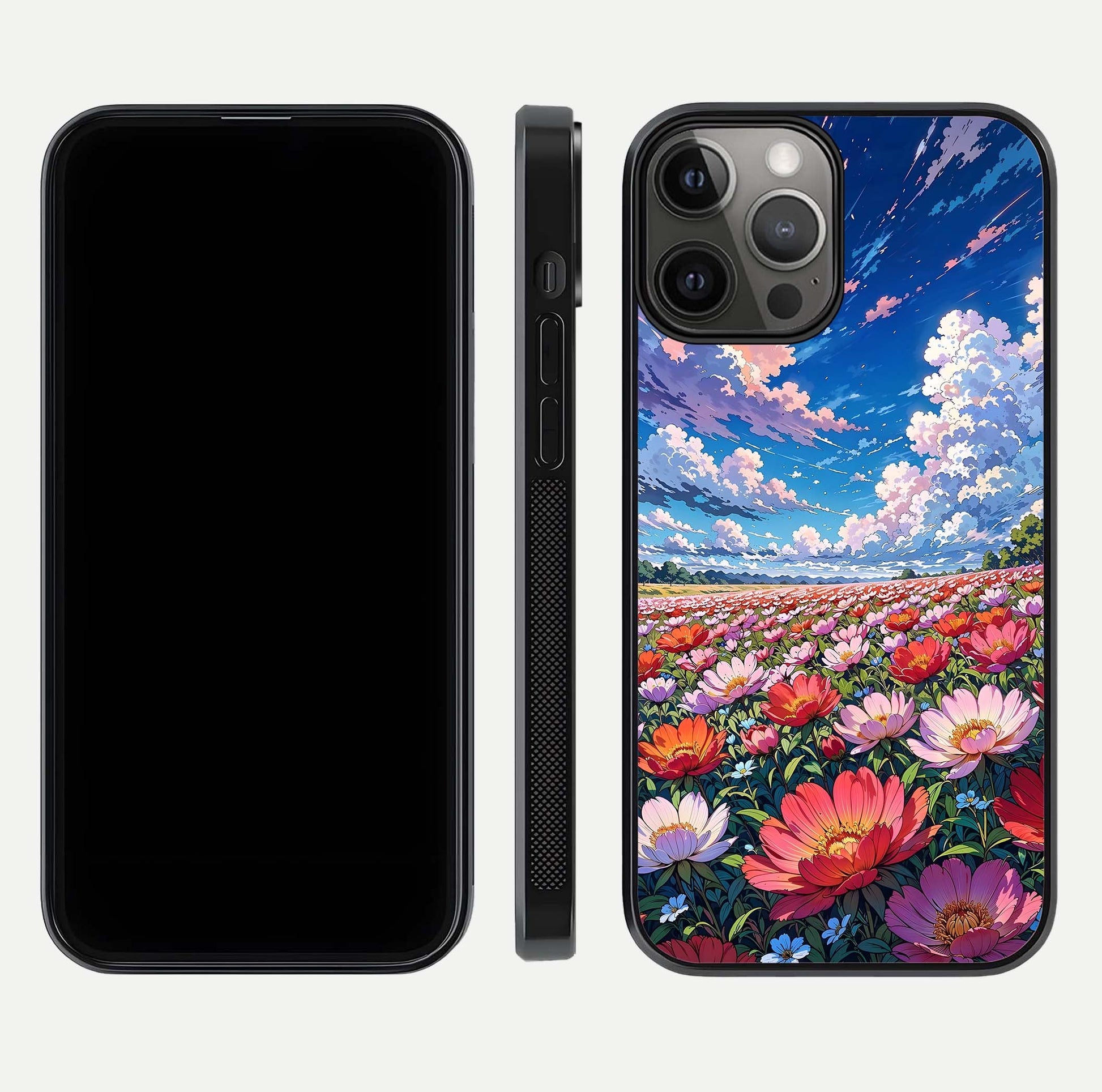 Blossom Sky Field Glass Case for iPhone 12 Pro Max front-and-back layout highlighting design edges and gloss clarity