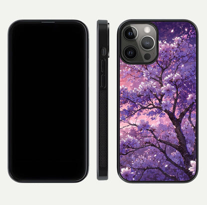 Blossom Tree Glass Case for iPhone 12 Pro Max front-and-back layout showing art alignment and gloss reflection