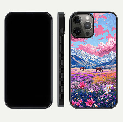 Blossom Valley Dream Glass Case for iPhone 12 Pro Max front-and-back layout highlighting glossy reflection and edge cut