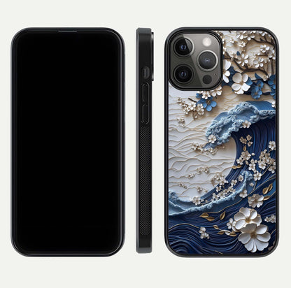 Blossom Wave Art Glass Case for iPhone 12 Pro Max front-and-back layout showing curved design and glass clarity