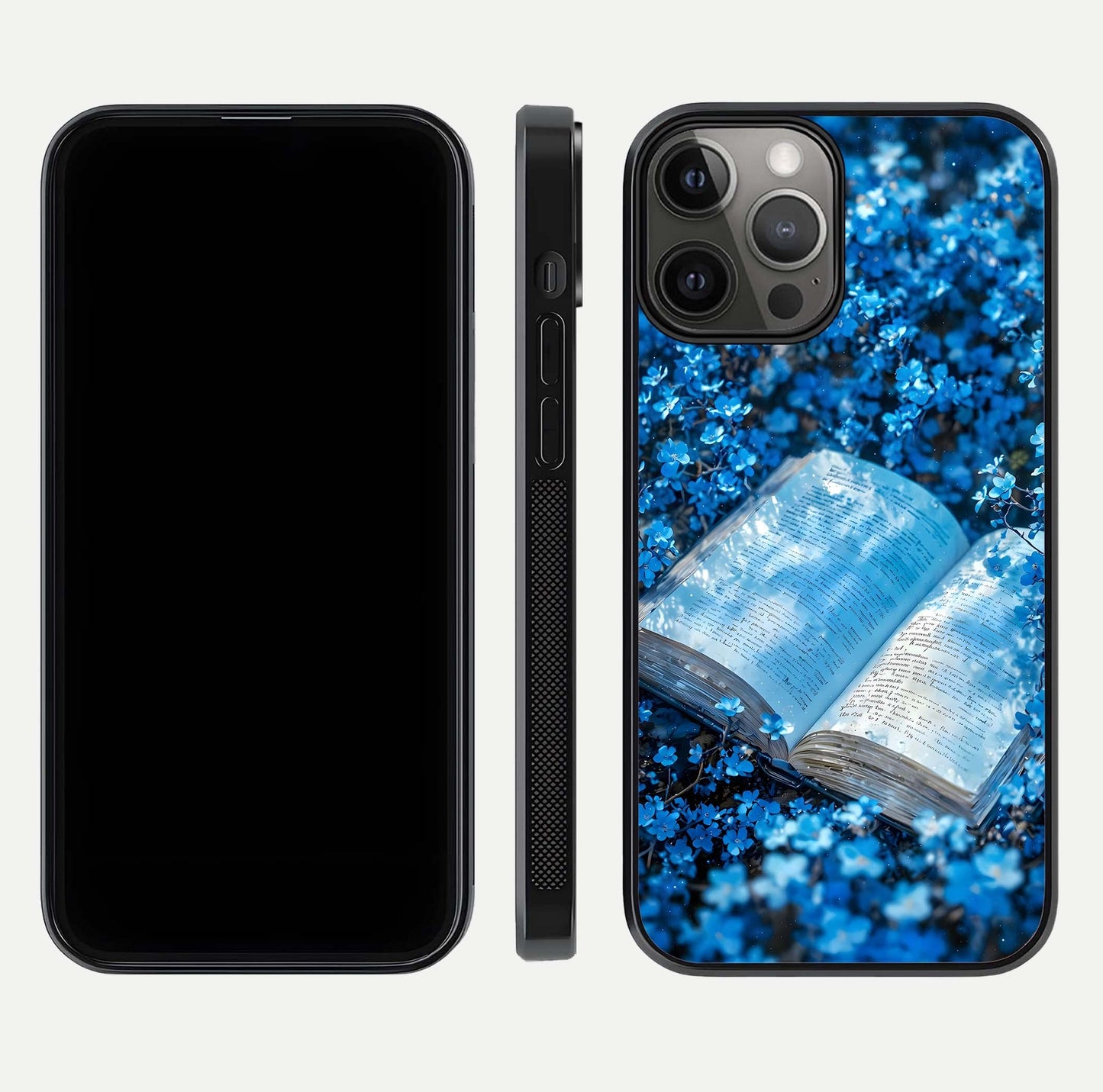 Blue Bloom Tales Glass Case for iPhone 12 Pro Max dual-view layout highlighting shine, floral print, and smooth edges