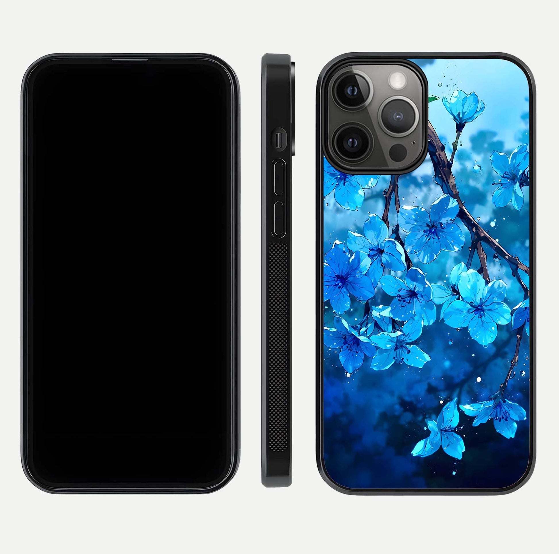 Blue Blossoms Branch Glass Case for iPhone 12 Pro Max dual-view layout displaying floral art and sleek protective frame
