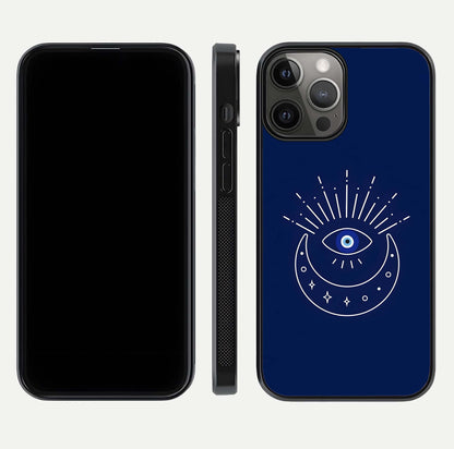 Blue Evil Eye Glass Case for iPhone 12 Pro Max front-and-back layout showing blue aura design and curved-edge clarity