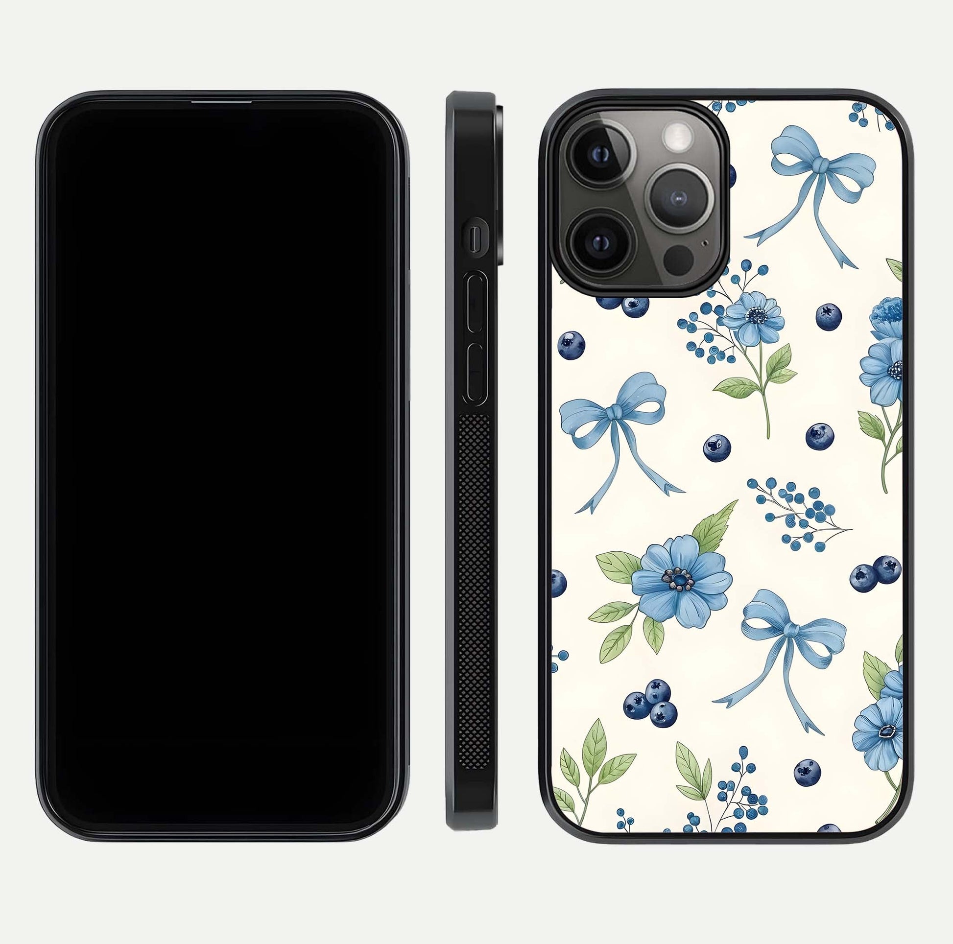 Blue Flower & Bow Glass Case for iPhone 12 Pro Max dual-view layout showing balanced pattern and smooth edges