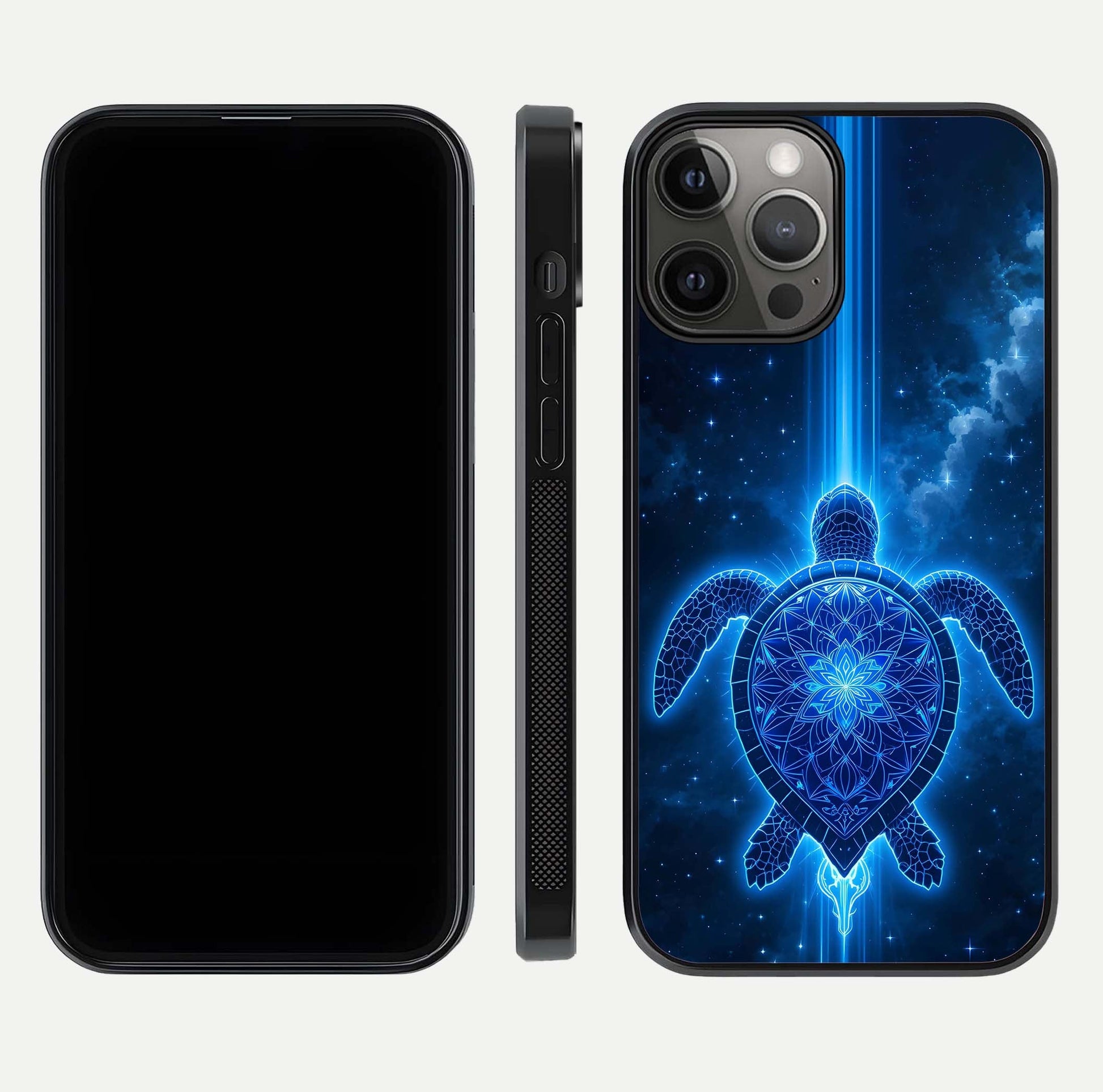 Blue Galaxy Turtle Glass Case for iPhone 12 Pro Max front-and-back layout highlighting cosmic art and reflective glass