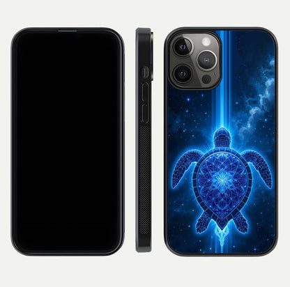 Blue Galaxy Turtle Glass Case for iPhone 12 Pro Max front-and-back layout highlighting cosmic art and reflective glass