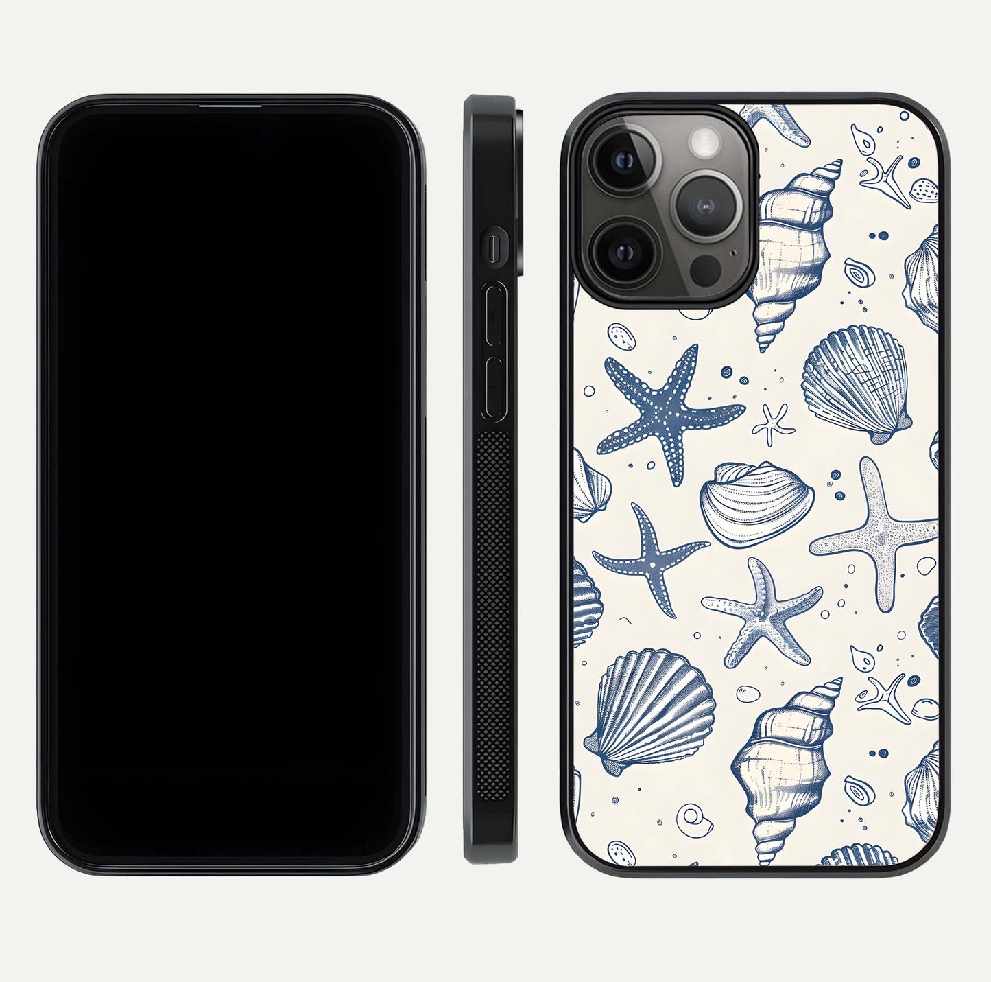 Blue Ocean Outline Glass Case for iPhone 12 Pro Max front-and-back layout showing minimal wave design and HD gloss