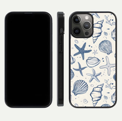Blue Ocean Outline Glass Case for iPhone 12 Pro Max front-and-back layout showing minimal wave design and HD gloss