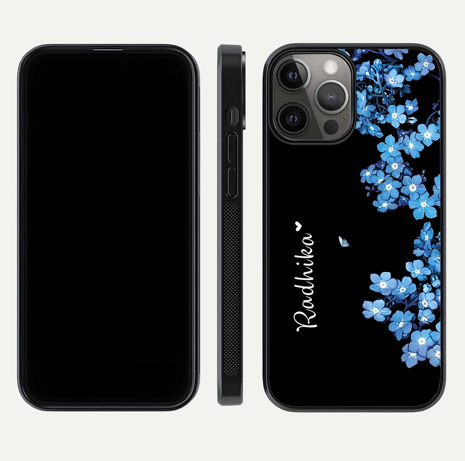Blue Petal Dream Custom Name Glass Case for iPhone 12 Pro Max dual-view layout showing text placement and premium finish