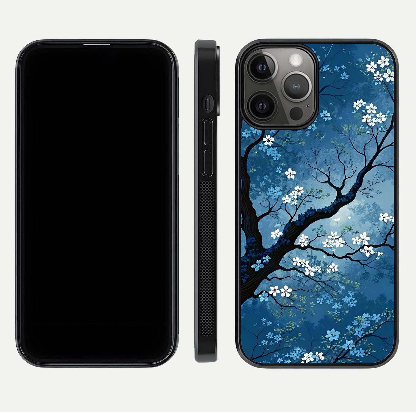 Blue Tree Serenity Glass Case for iPhone 12 Pro Max front-and-back layout showing gradient background and smooth edges