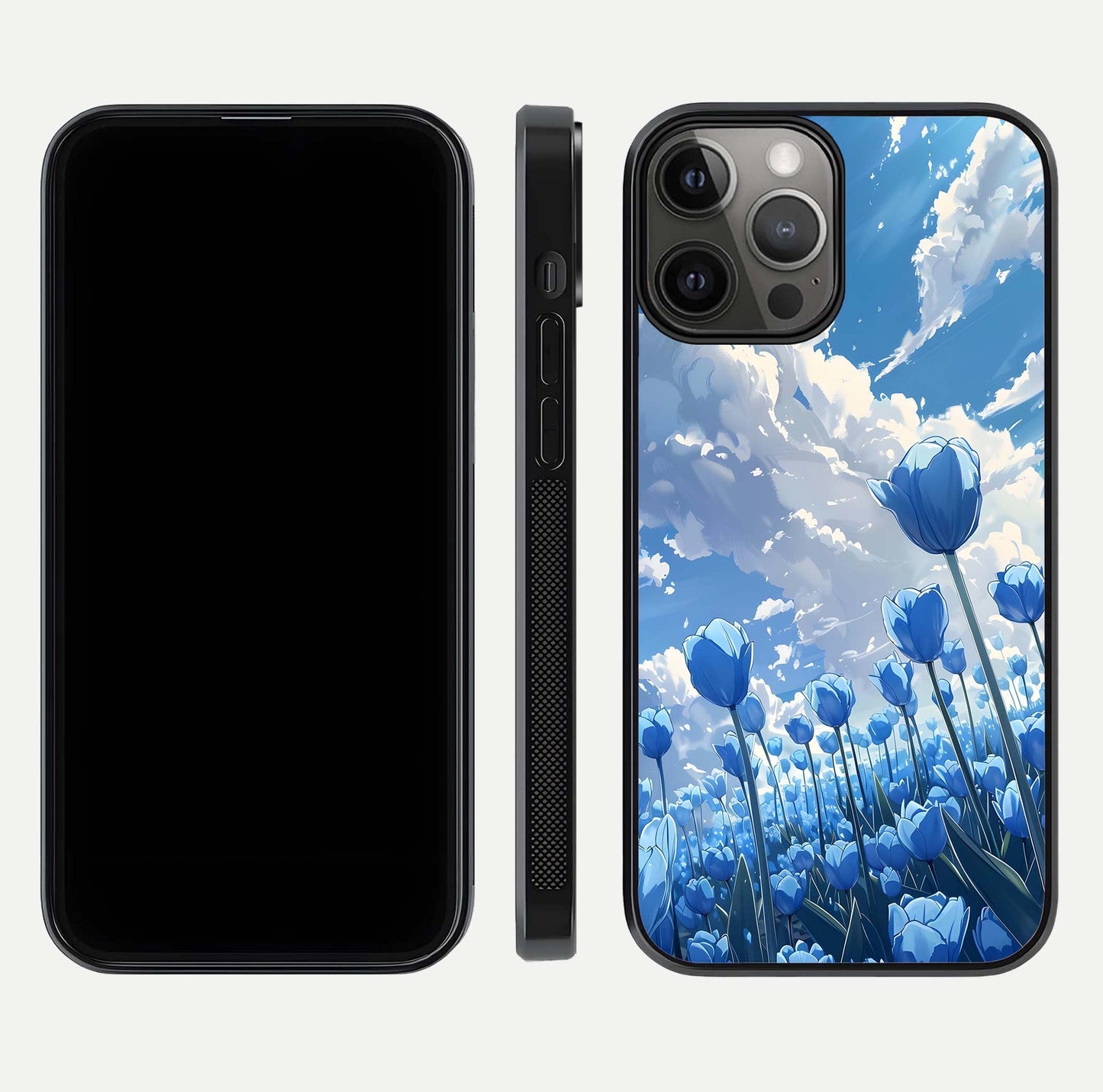 Blue Tulip Clouds Glass Case for iPhone 12 Pro Max front-and-back layout showcasing floral detail and polished edges