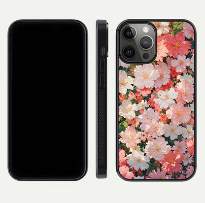 Blush Bloom Field Glass Case for iPhone 12 Pro Max dual-view layout showing bloom arrangement and protective frame