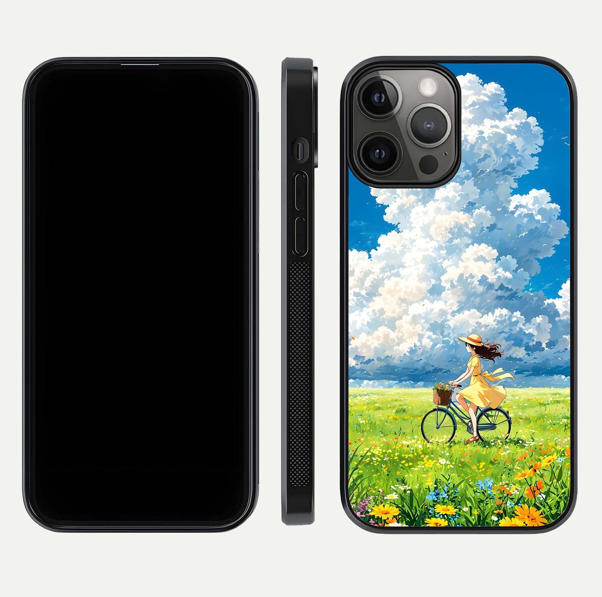 Breezy Meadow Ride Glass Case for iPhone 12 Pro Max dual-view layout showing soft landscape design and reflection gloss
