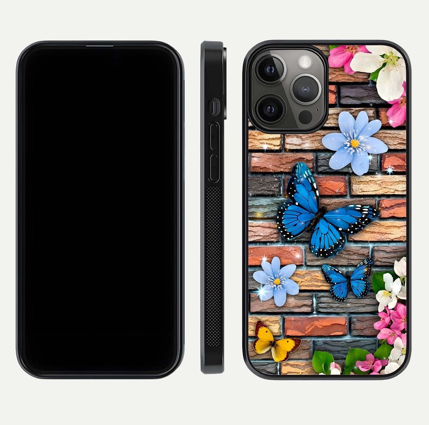 Brick Bloom Flight Glass Case for iPhone 12 Pro Max dual-view layout showing bloom placement and protective edge design
