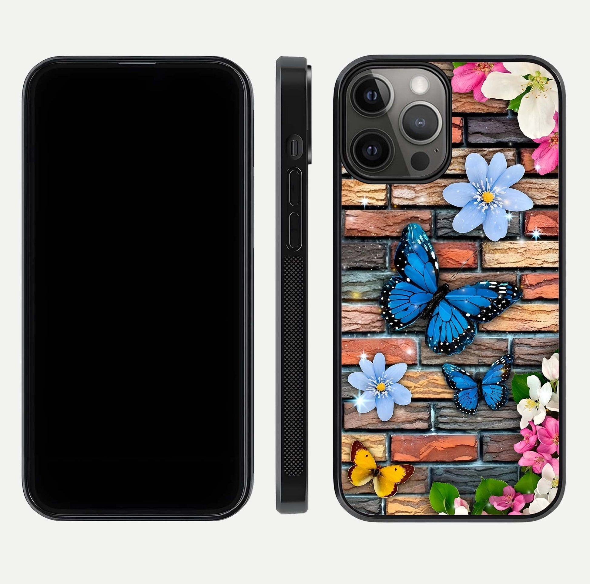 Brick Bloom Flight Glass Case for iPhone 12 Pro Max dual-view layout showing bloom placement and protective edge design