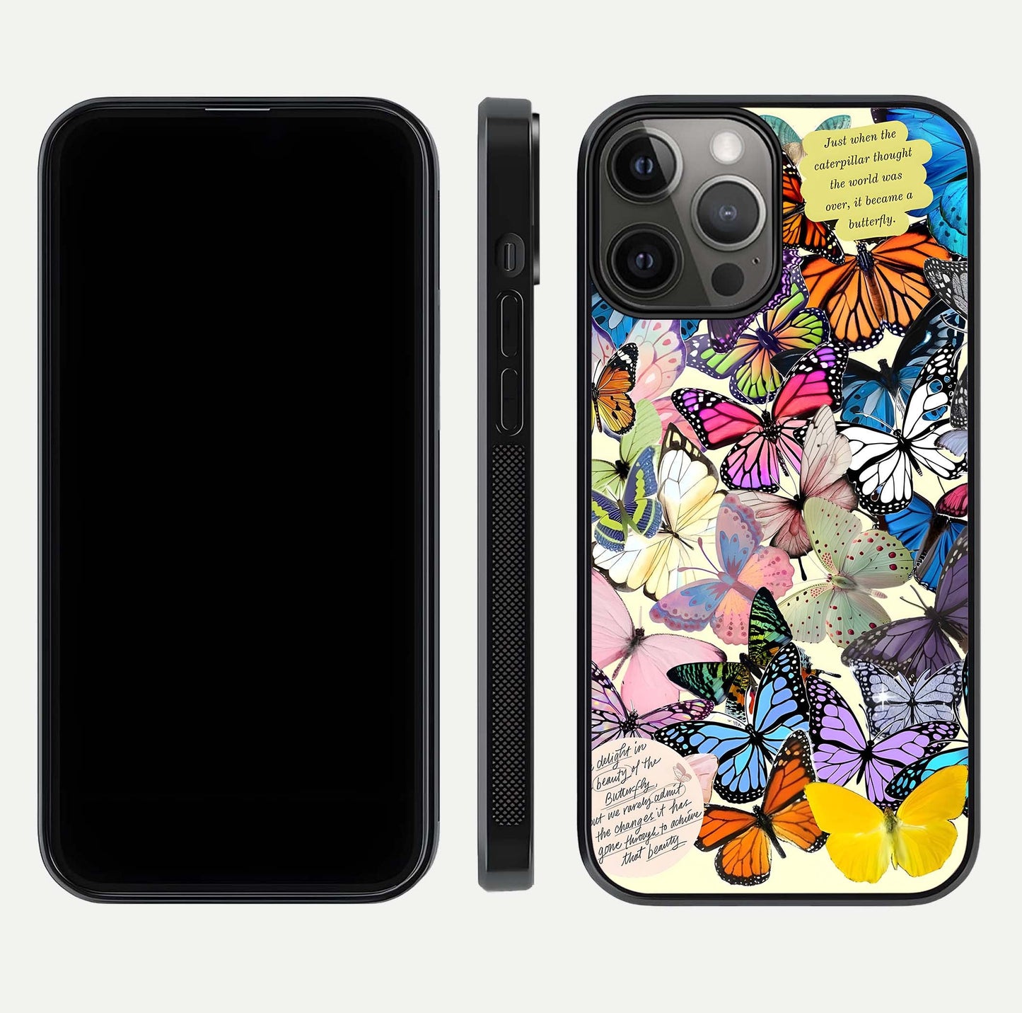 Butterflies Petal Dream Glass Case for iPhone 12 Pro Max front-and-back layout showcasing floral spread and reflection shine
