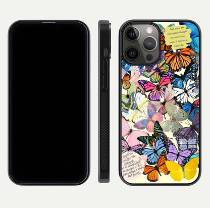Butterflies Petal Dream Glass Case for iPhone 12 Pro Max front-and-back layout showcasing floral spread and reflection shine