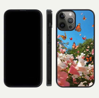 Butterflies in Bloom Sky Glass Case for iPhone 12 Pro Max dual-view layout displaying elegant composition and glass gloss
