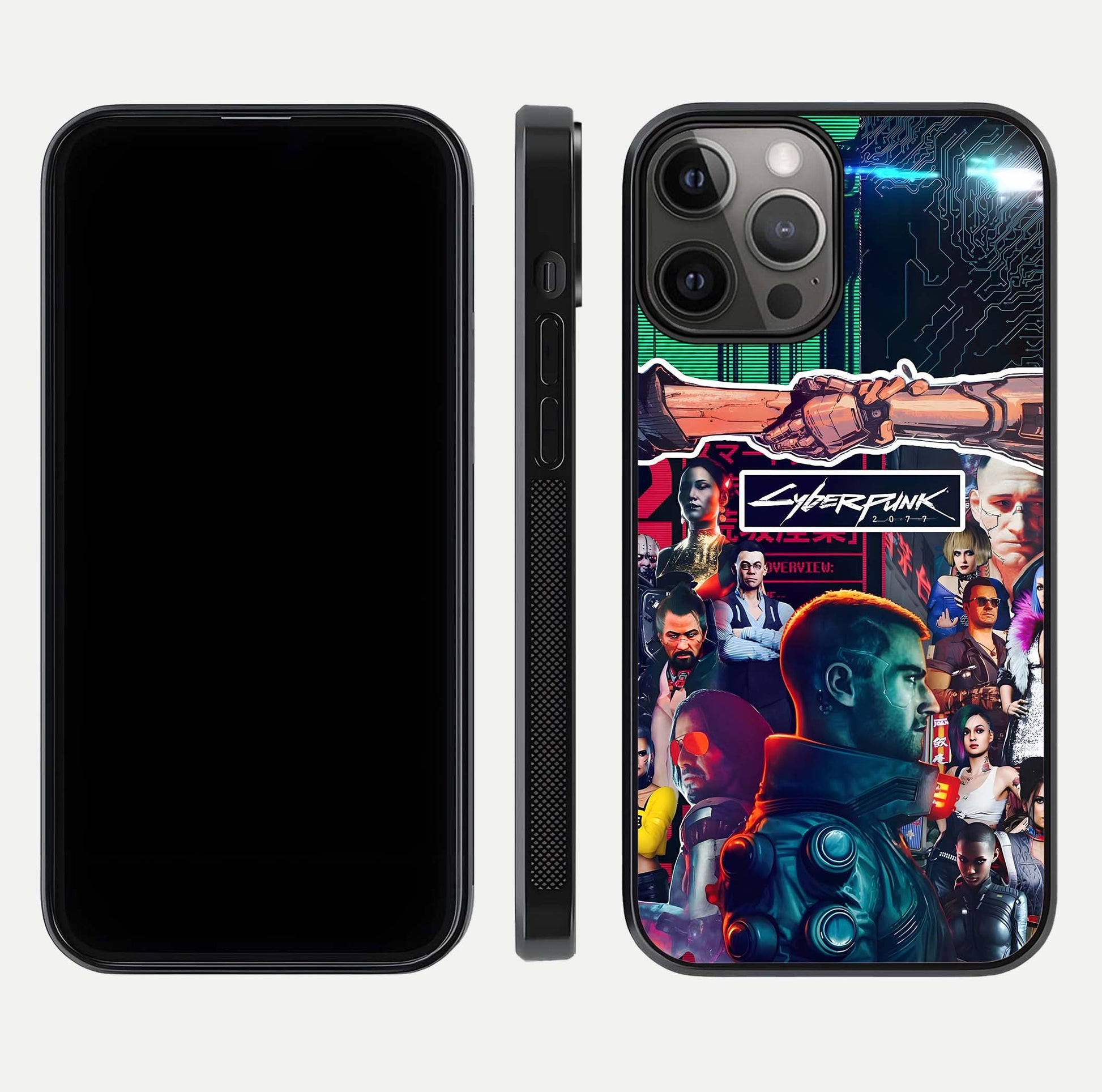 CYBERPUNK Legacy Glass Case for iPhone 12 Pro Max dual-view layout showing cyberpunk hues and glass precision
